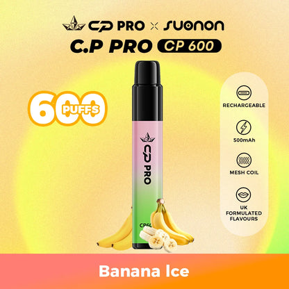 Suonon x CP Pro CP600 vape device with banana ice flavour on a colourful gradient background