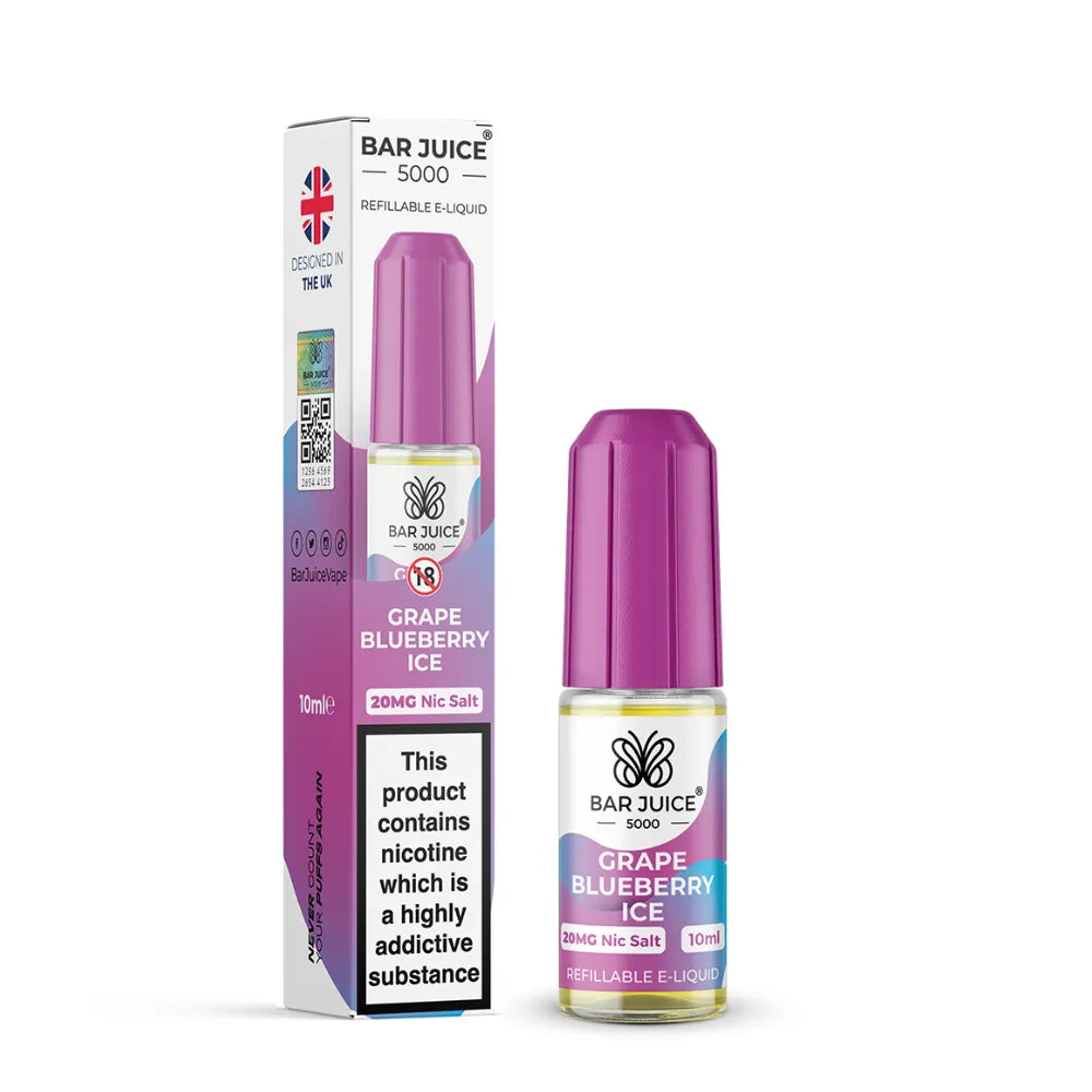 Bar Juice 5000 Grape Blueberry Ice e-liquid bottle and packaging on a white background