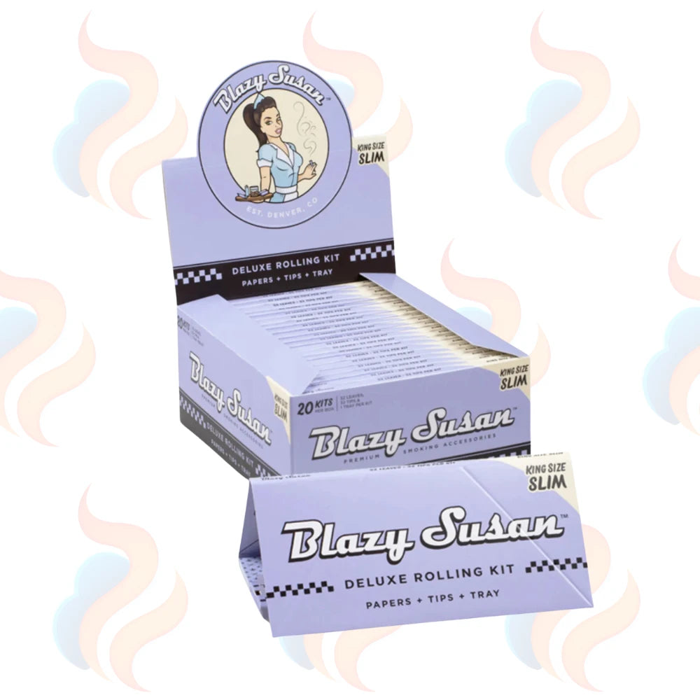 Purple Blazy Susan deluxe rolling paper kit on a white background