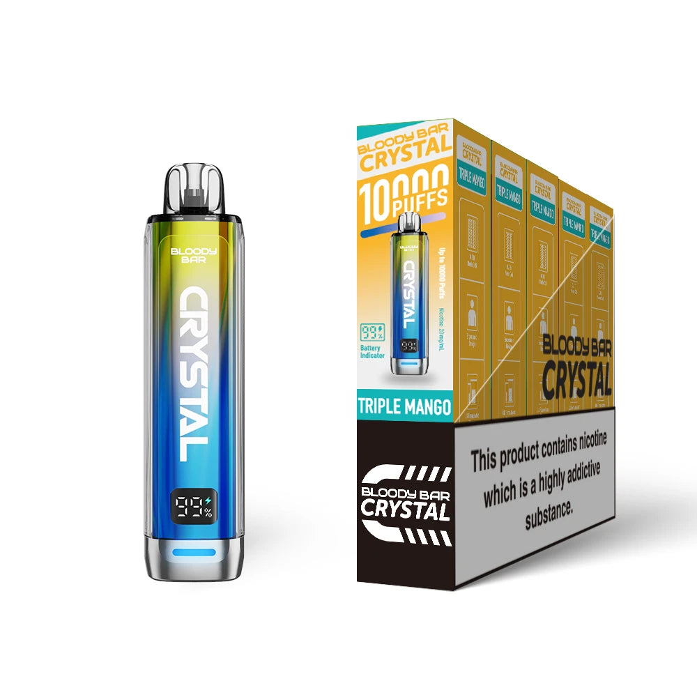 Bloody Bar Crystal 10k vape device in "Triple Mango" flavour with colourful packaging on a white background