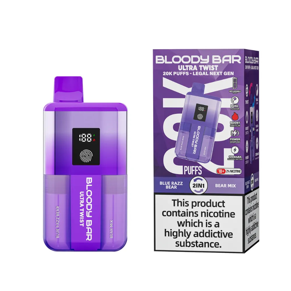 Purple vape device and packaging with 'Bloody Bar' branding on a white background.