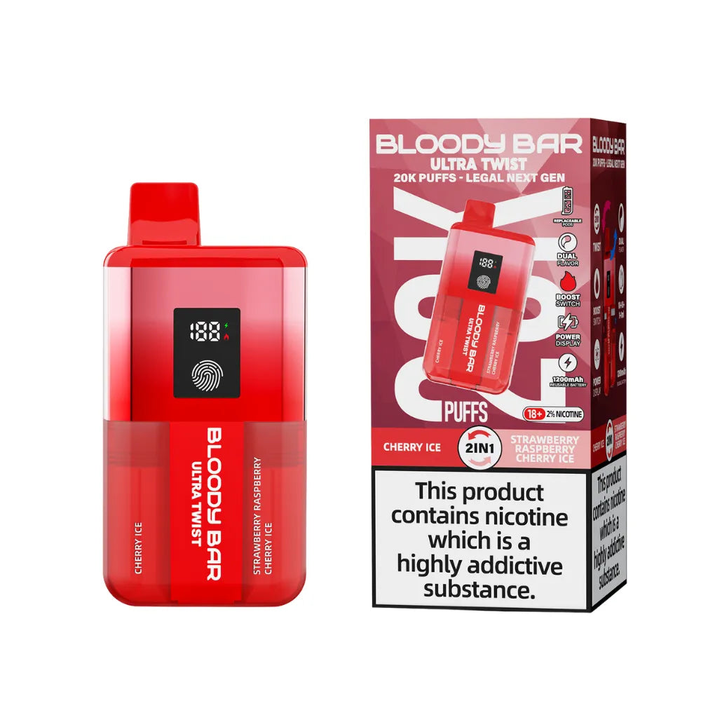 Red vape device and packaging with 'Bloody Bar' branding on a white background