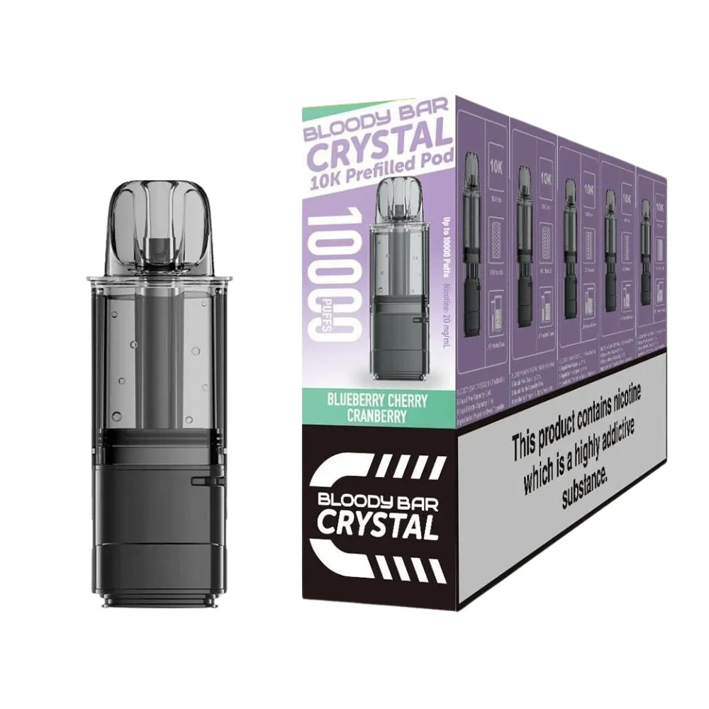 Bloody Bar Crystal 10k refill pod cartridges blueberry cherry cranberry on a white background