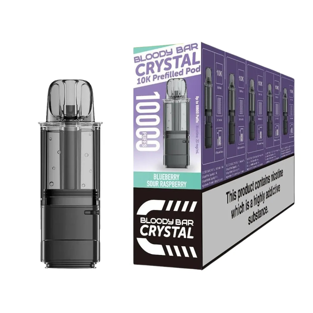 Bloody Bar Crystal 10k refill pod cartridges blueberry sour raspberry on a white background
