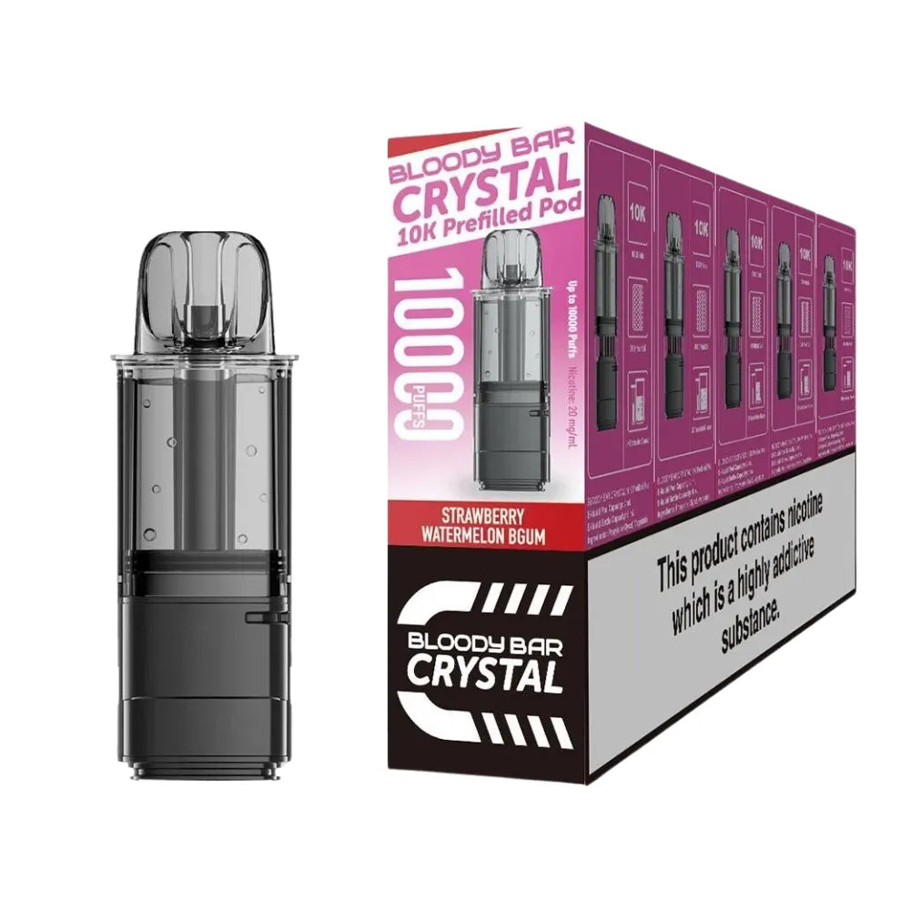 Bloody Bar Crystal 10k refill pod cartridges strawberry watermelon bubblegum on a white background