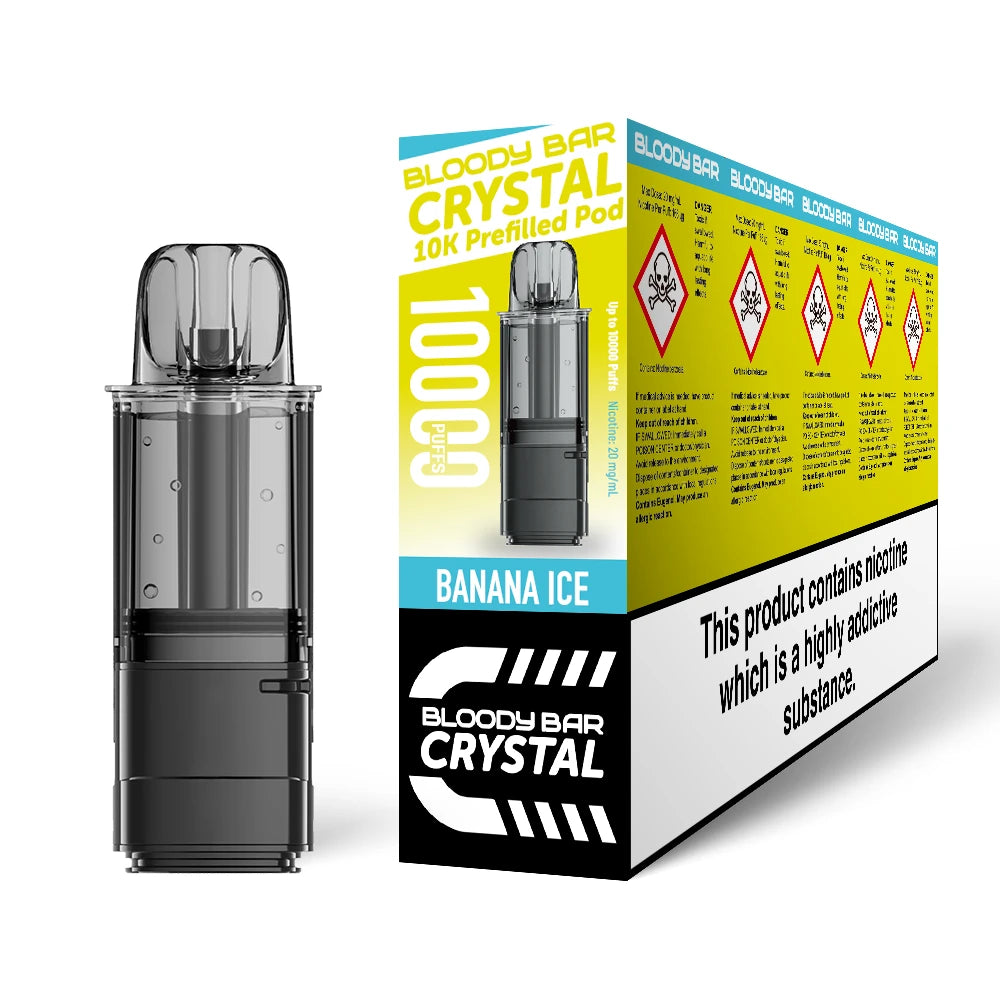Bloody Bar Crystal 10k refill pod in "Banana Ice" flavour beside coloured outer packaging on a white background.