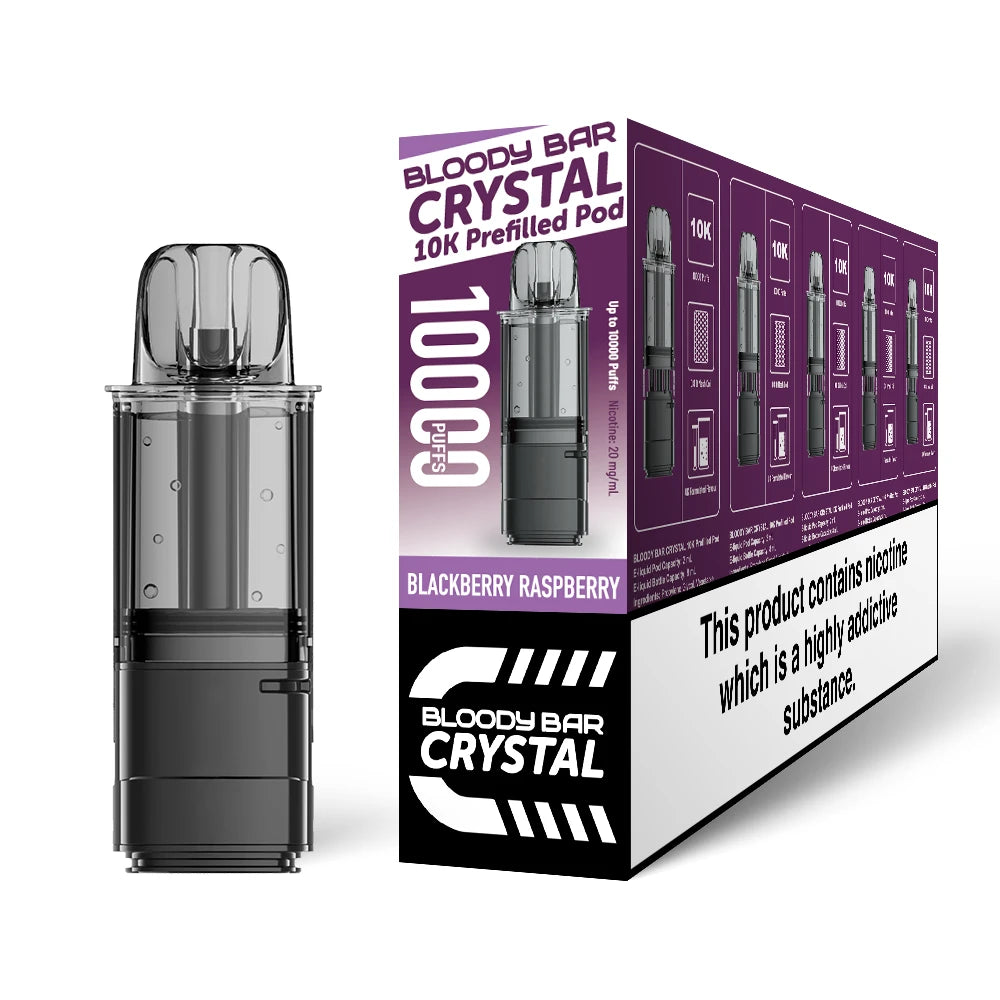 Bloody Bar Crystal 10k refill pod in "Blackberry Raspberry" flavour beside coloured outer packaging on a white background.