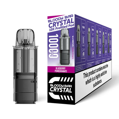 Bloody Bar Crystal 10k refill pod in "Blueberry Pomegranate" flavour beside coloured outer packaging on a white background.