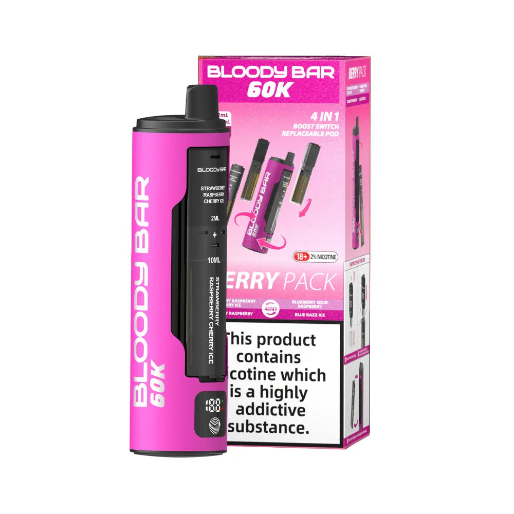 Pink and black vape device with packaging labeled 'Bloody Bar 60K' on a white background.