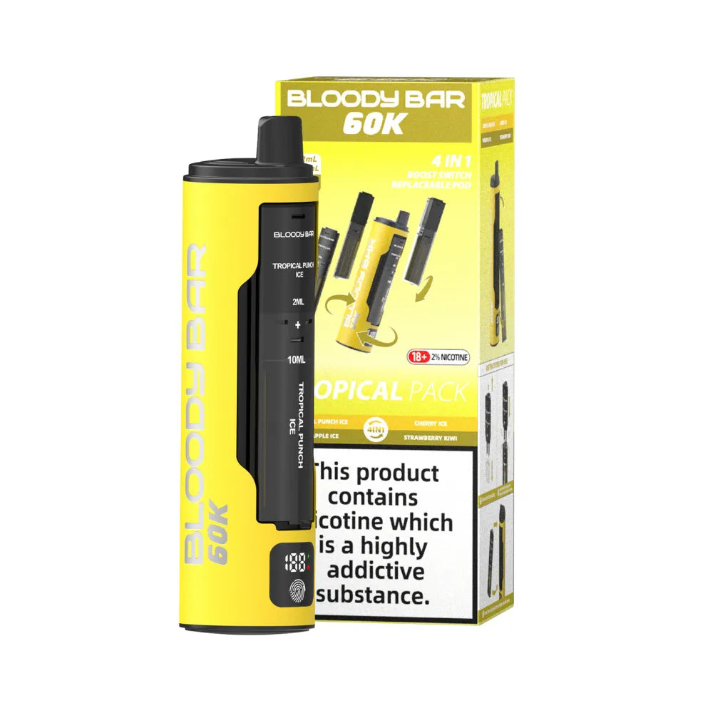 Yellow vape device with packaging labeled 'Bloody Bar 60K' on a white background