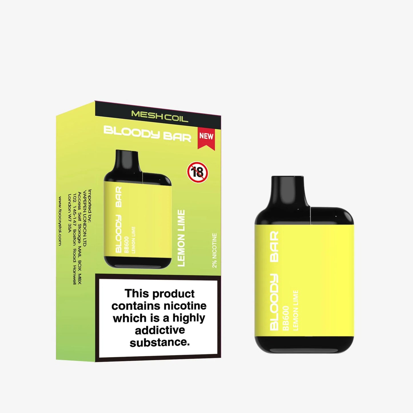Bloody Bar Lemon Lime vape device and packaging on a white background