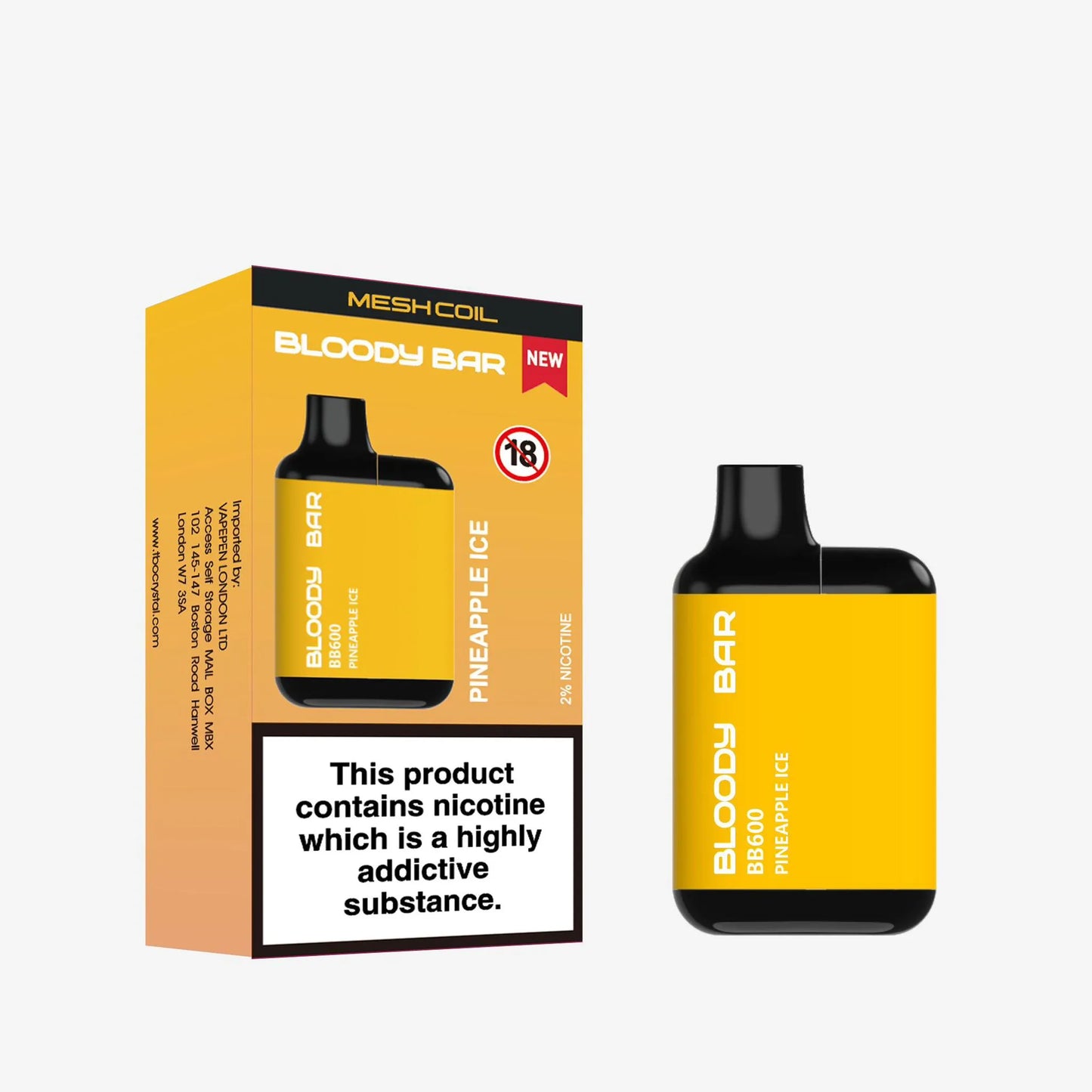 Bloody Bar Pineapple Ice vape device and packaging on a white background