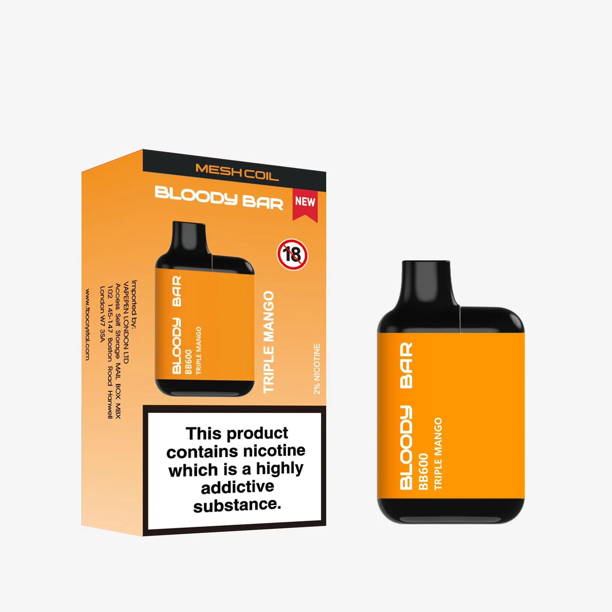 Bloody Bar Triple Mango vape device and packaging on a white background