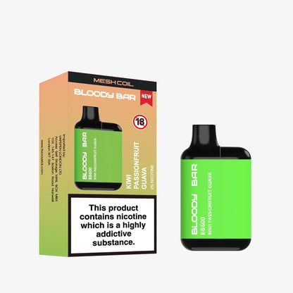 Bloody Bar Kiwi Passionfruit Guava vape device and packaging on a white background