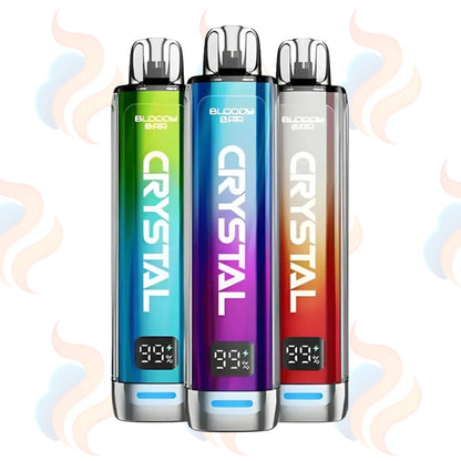 Three colourful Bloody Bar Crystal Vape Devices on a logo printed background.