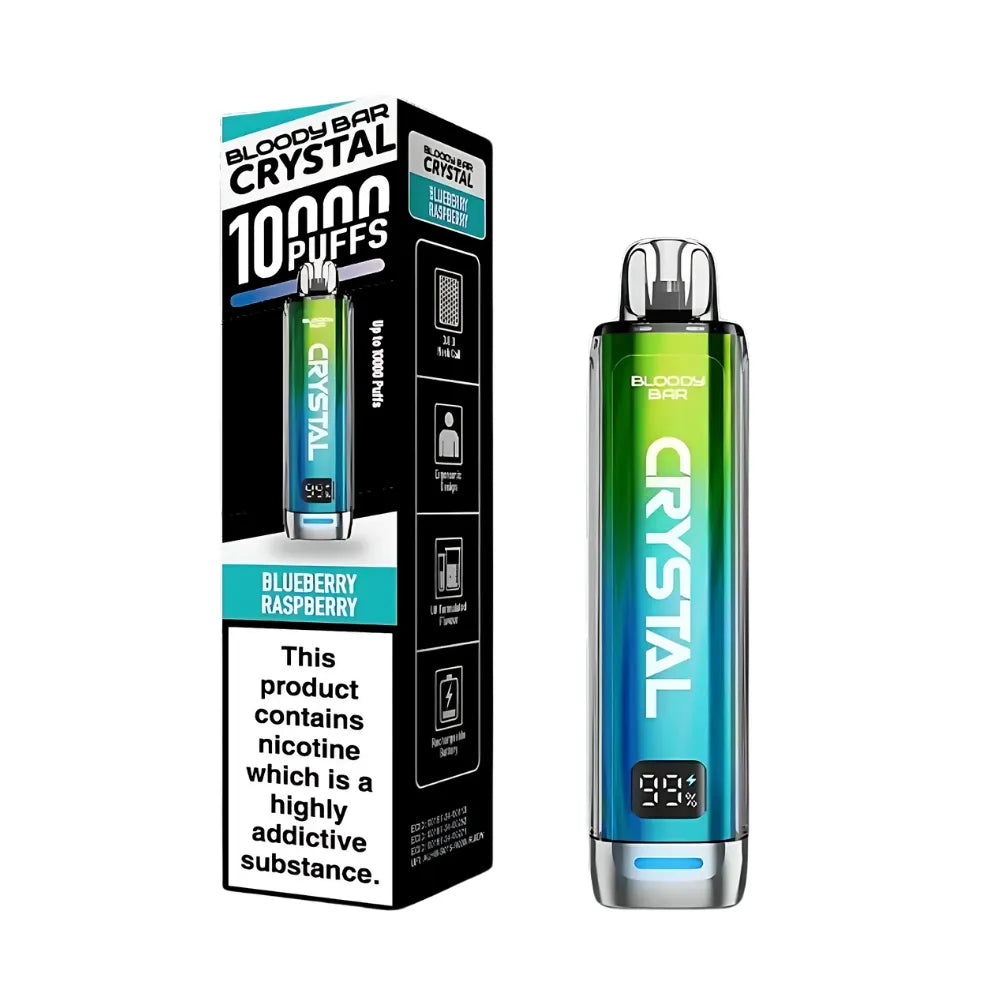 Vape device and packaging with 'Crystal' branding on a white background