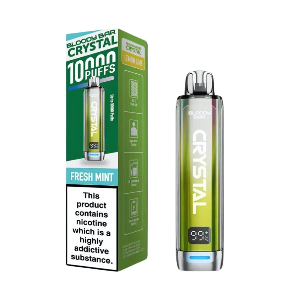 Vape device and packaging with 'Crystal' branding on a white background