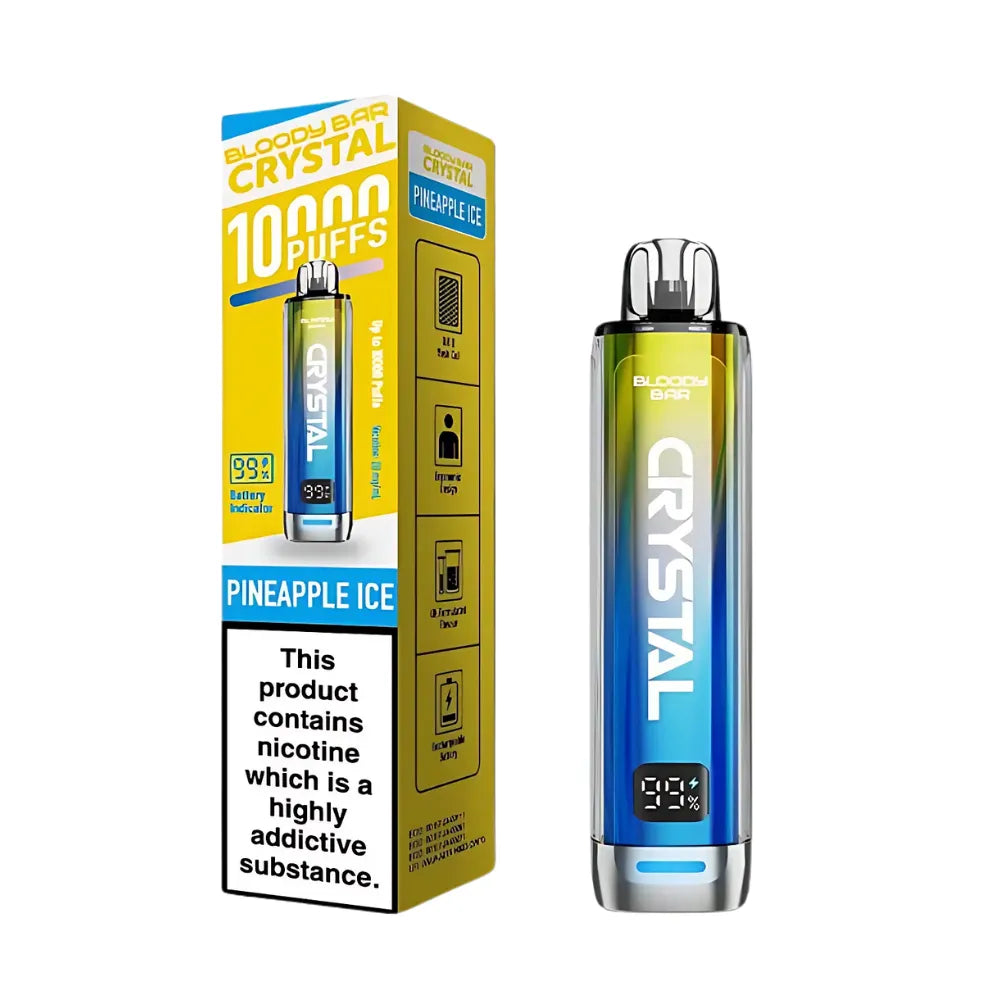 Vape device and packaging with 'Crystal' branding on a white background