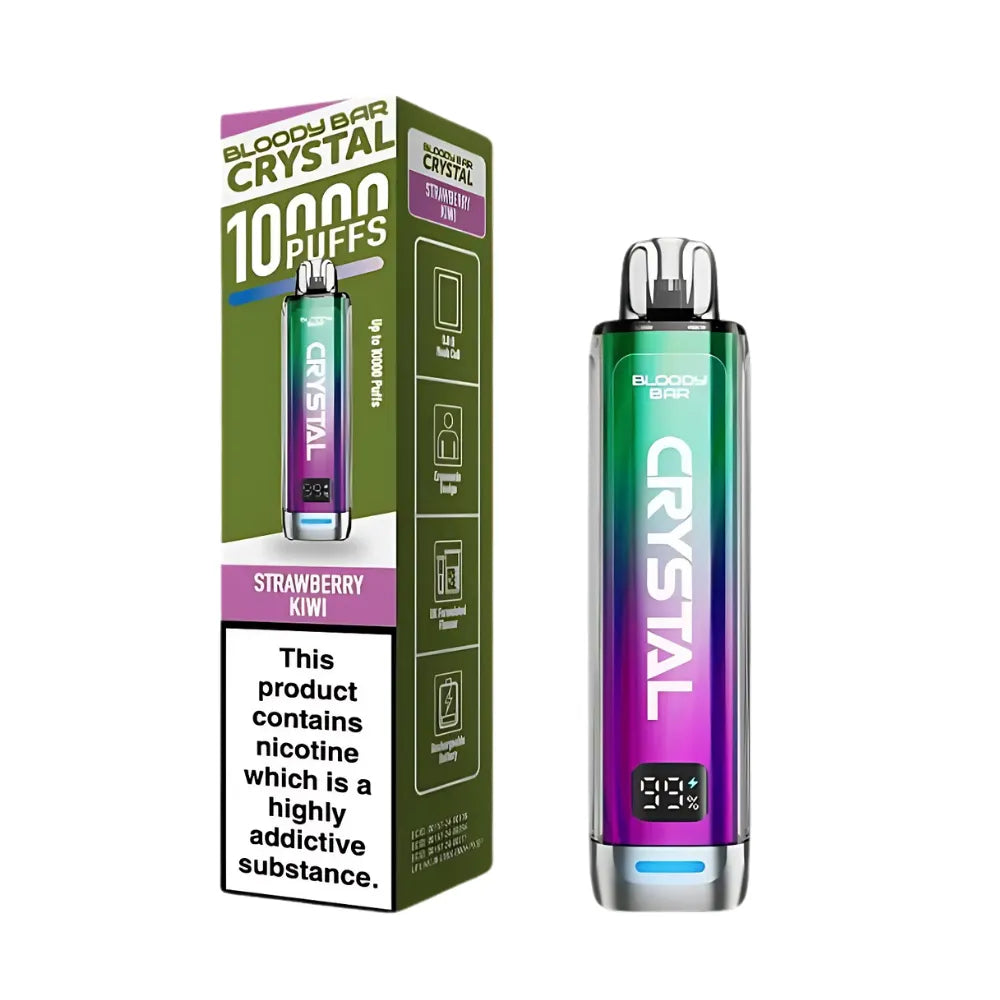 Vape device and packaging with 'Crystal' branding on a white background