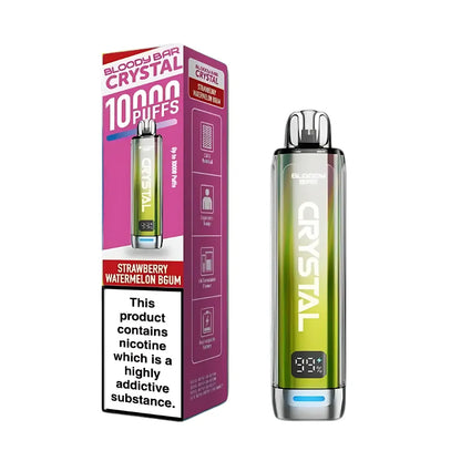 Vape device and packaging with 'Bloody Bar Crystal' branding on a white background