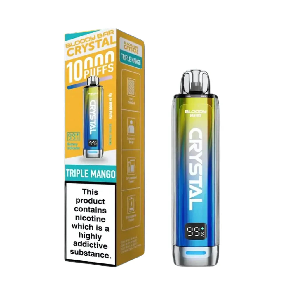 Vape device and packaging with 'Crystal' branding on a white background