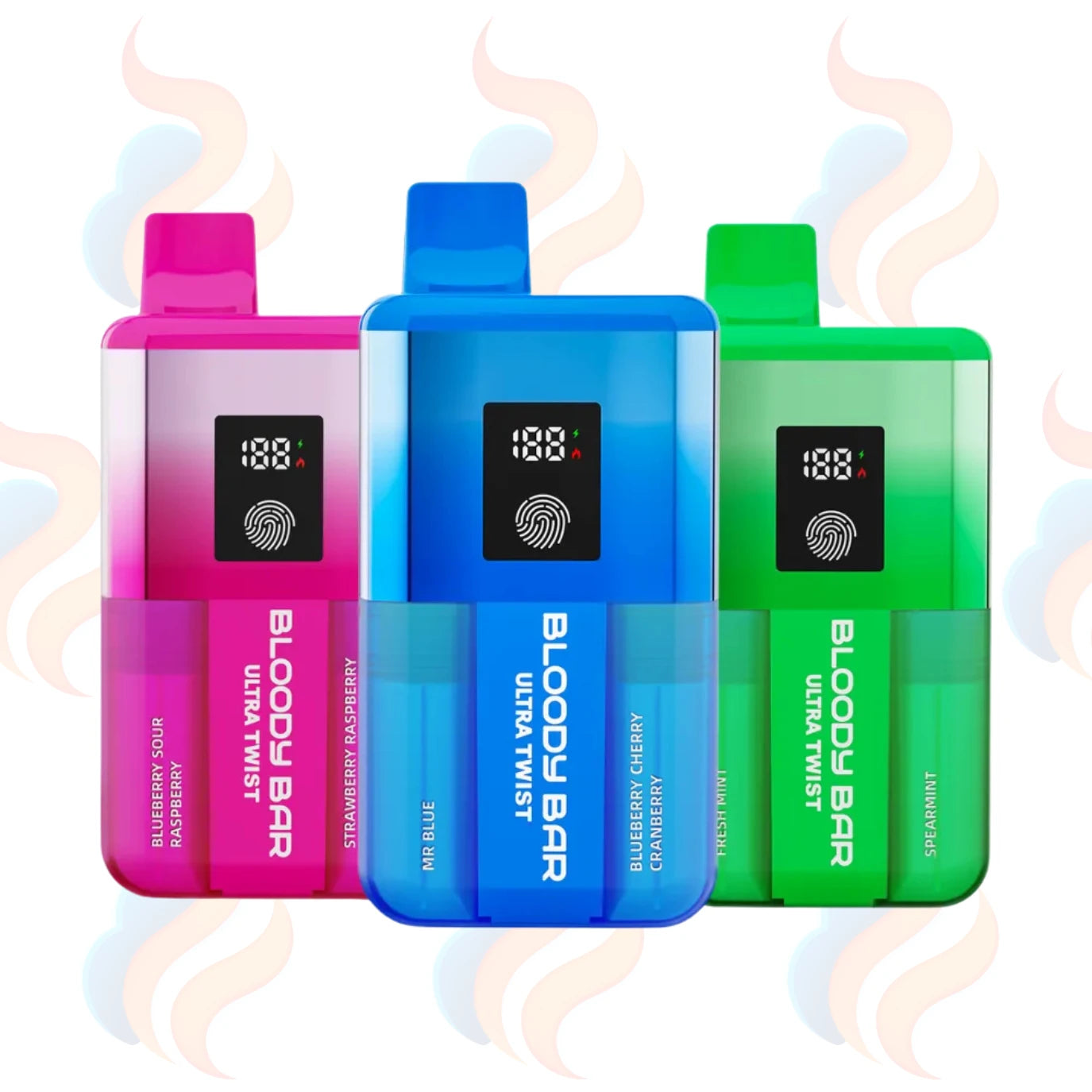 Three Bloody Bar Pod Twist Vape Devices on a logo printed background.