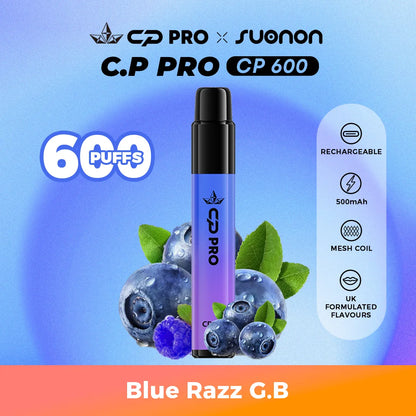 Suonon x CP Pro CP600 vape device with blue razz gb flavour on a colourful gradient background