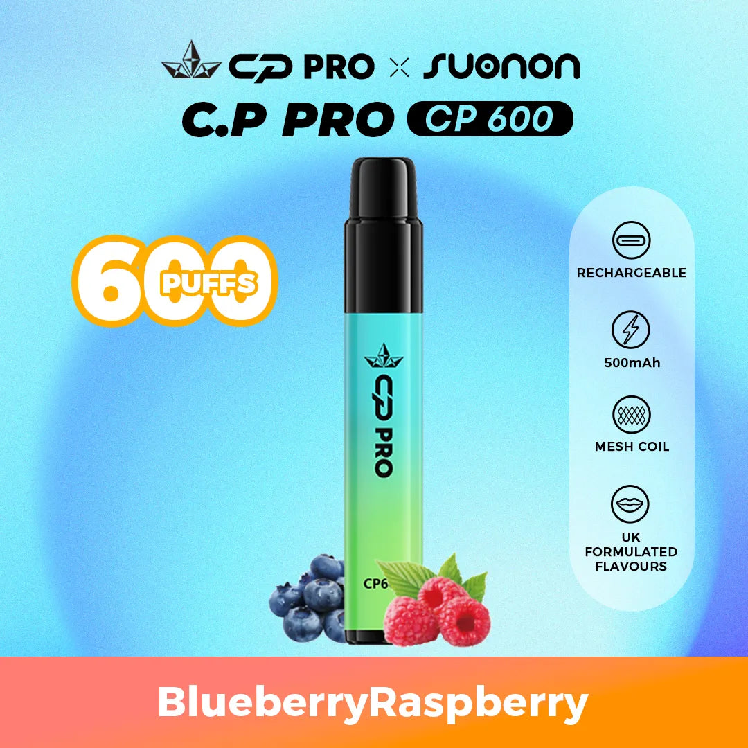 Suonon x CP Pro CP600 vape device with blueberry raspberry flavour on a colourful gradient background
