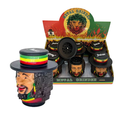 grinder with Rasta design and packaging featuring a lion emblem.