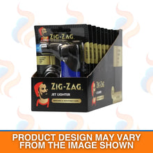 Display box of 10 Zig-Zag jet lighters with a black and gold design.