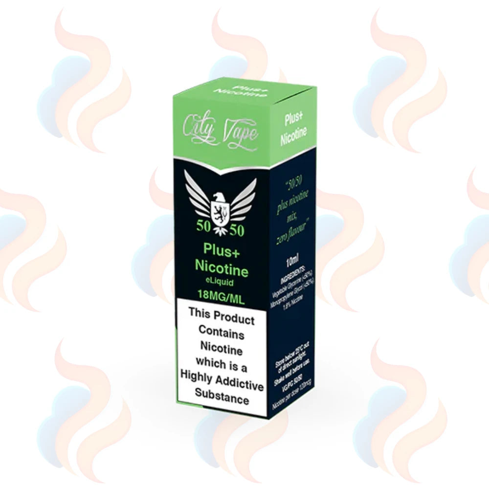 City Vape 50/50 vape nic shots packaging with green and black design on a white background
