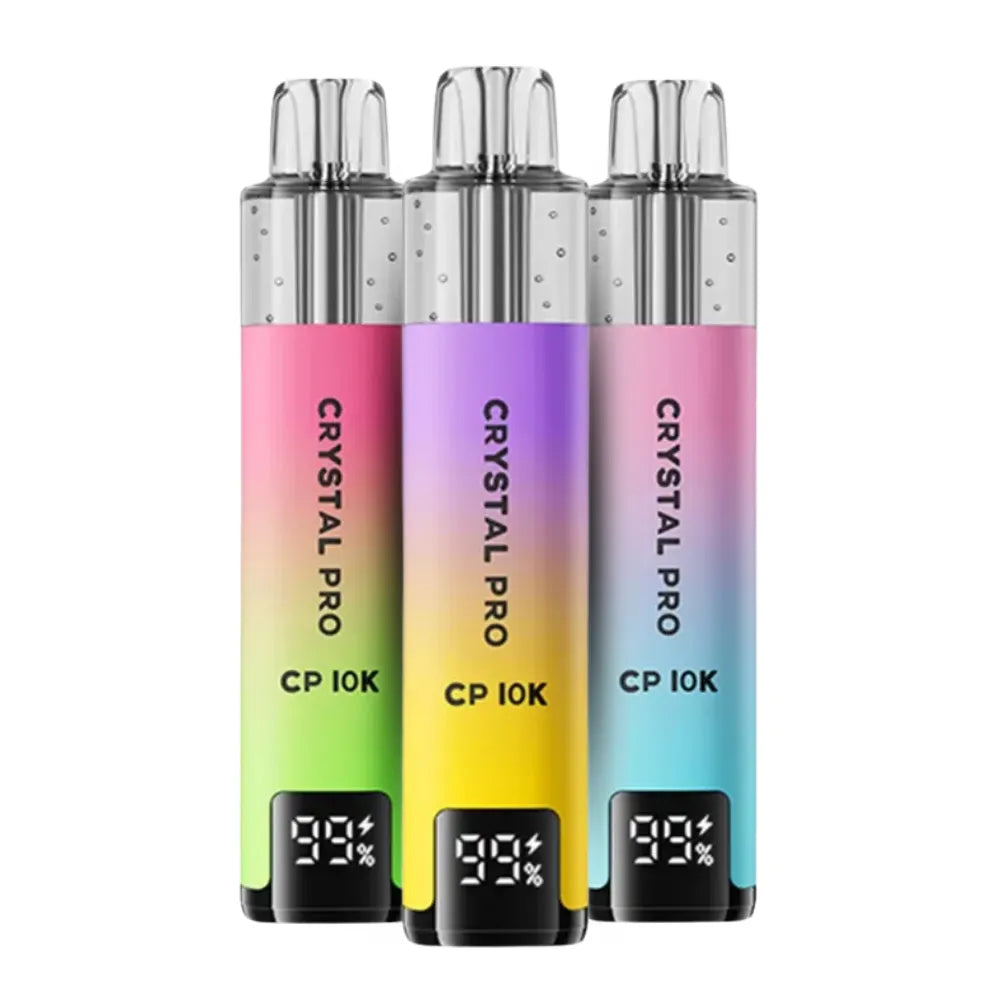Four Crystal Pro CP 10K vape devices in pink, purple, yellow, and blue on a white background.