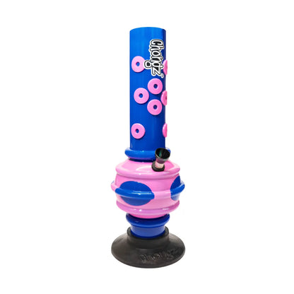 A colourful glass water pipe with a blue and pink design, featuring pink donut motifs on the blue section, a black bowl, and a black base, shown on a plain white background.