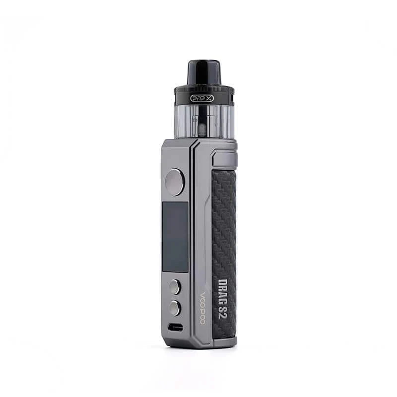 Voopoo drag s2 vape pod/mod kit in "carbon fiber" colour on a white background