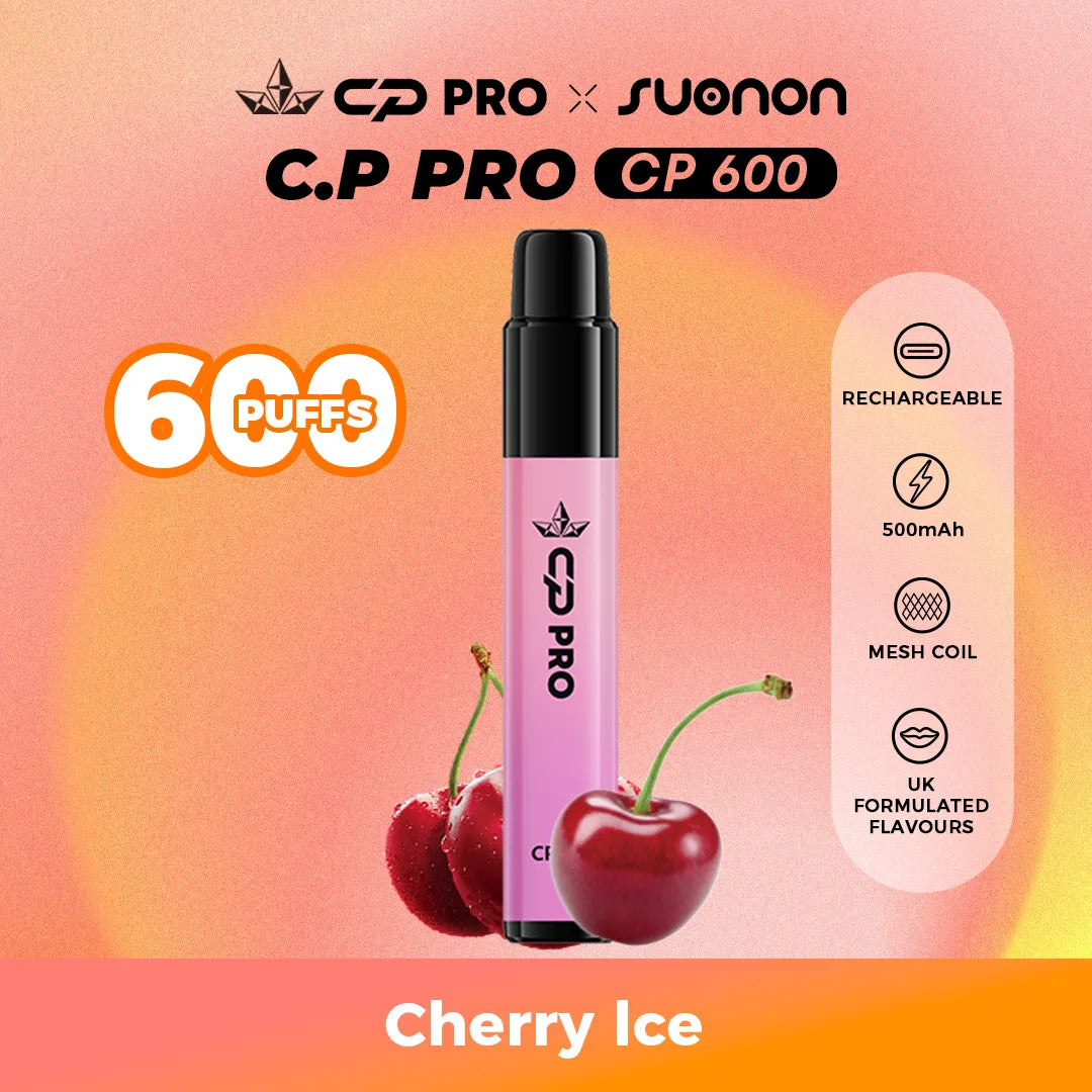 Suonon x CP Pro CP600 vape device with cherry ice flavour on a colourful gradient background
