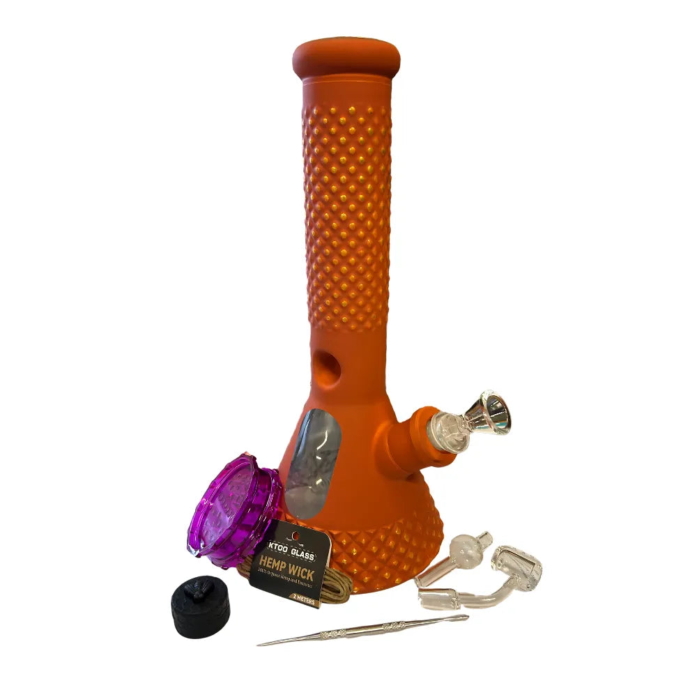 Chongz orange glass waterpipe complete set with grinder, storage pot and mouthpieces