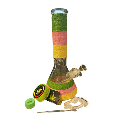 Chongz waterpipe gift set in pink with yarn wrapping, includes grinder, storage pot and accessories