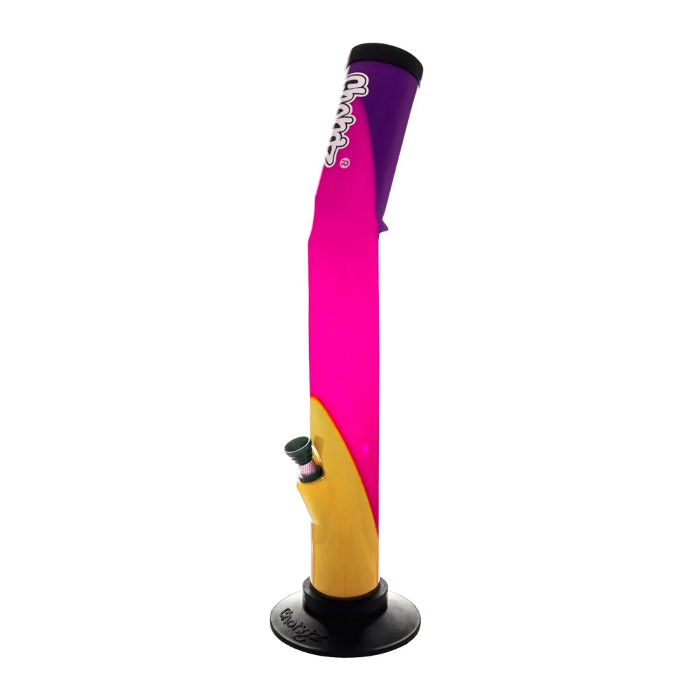 Colourful Chongz Bong with a banana-shaped end on a white background