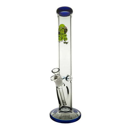 Glass bong with a blue base and top, featuring a green and black logo on a white background.