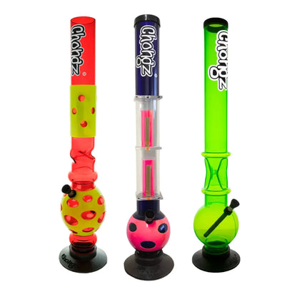 Three colourful Chongz 50cm acrylic waterpipes on a white background