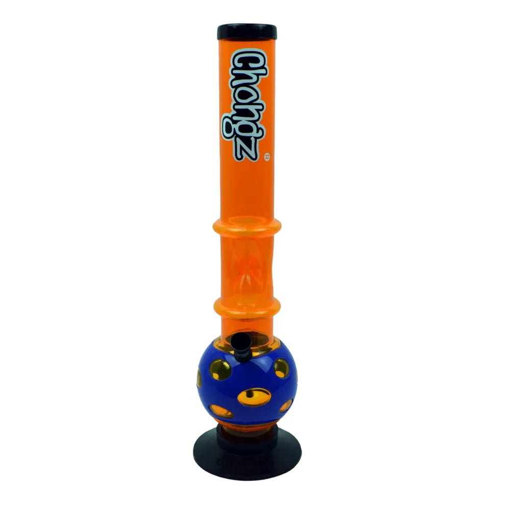 Acrylic Orange and blue bong with 'Chongz' branding on a white background