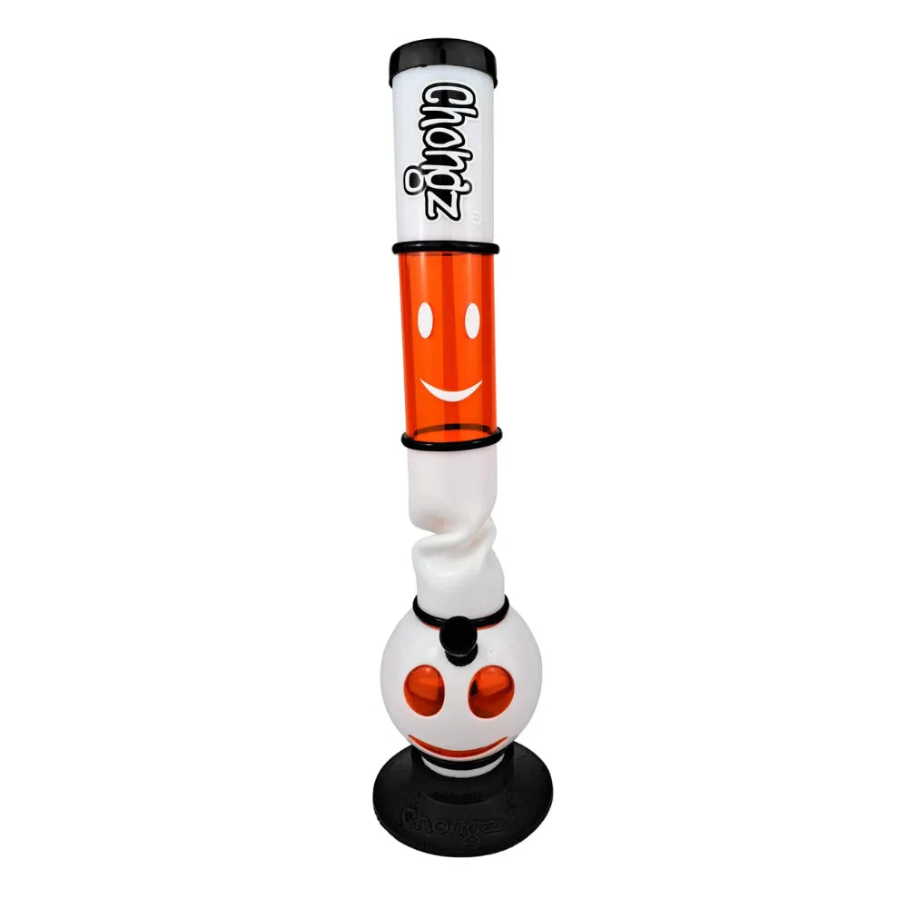 Acrylic Glowing Ghostz bong with a white base and red middle section on a white background