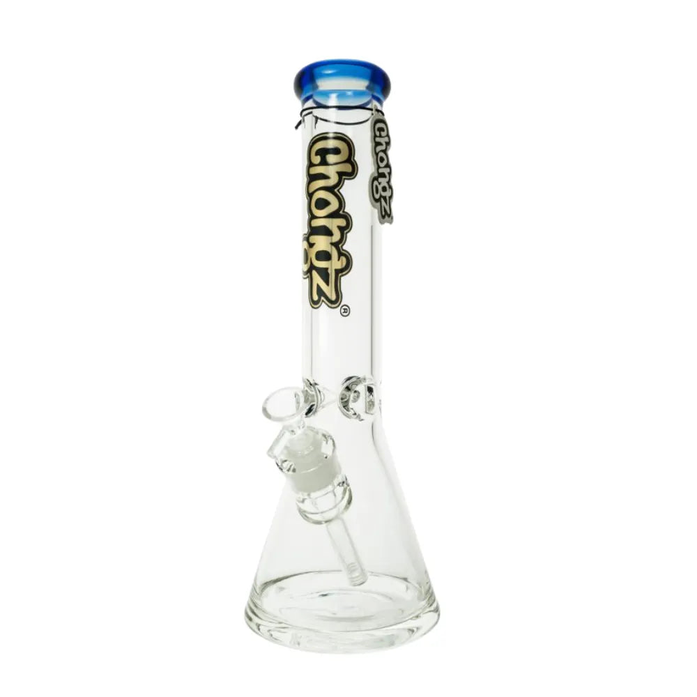 Chongz medium borosilicate glass waterpipe with beaker base and blue accents
