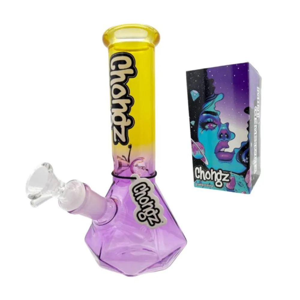 Yellow and purple "Chongz Mini Gemstone" glass bong with packaging on a white background