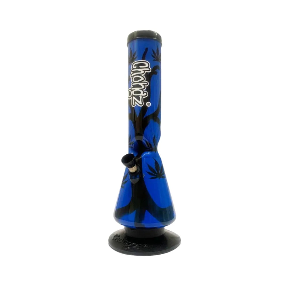 Blue glass water pipe with black leaf patterns on a white background