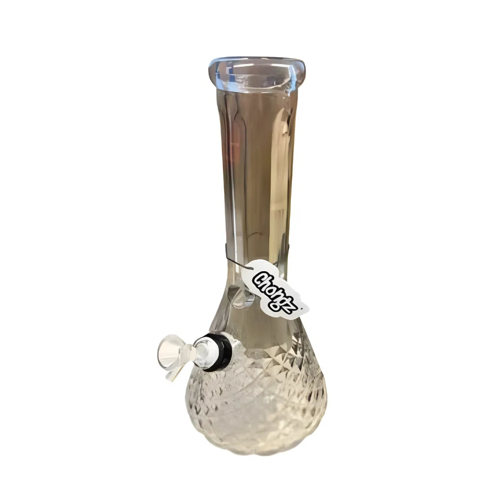 Chongz clear glass water pipe with a label on a white background
