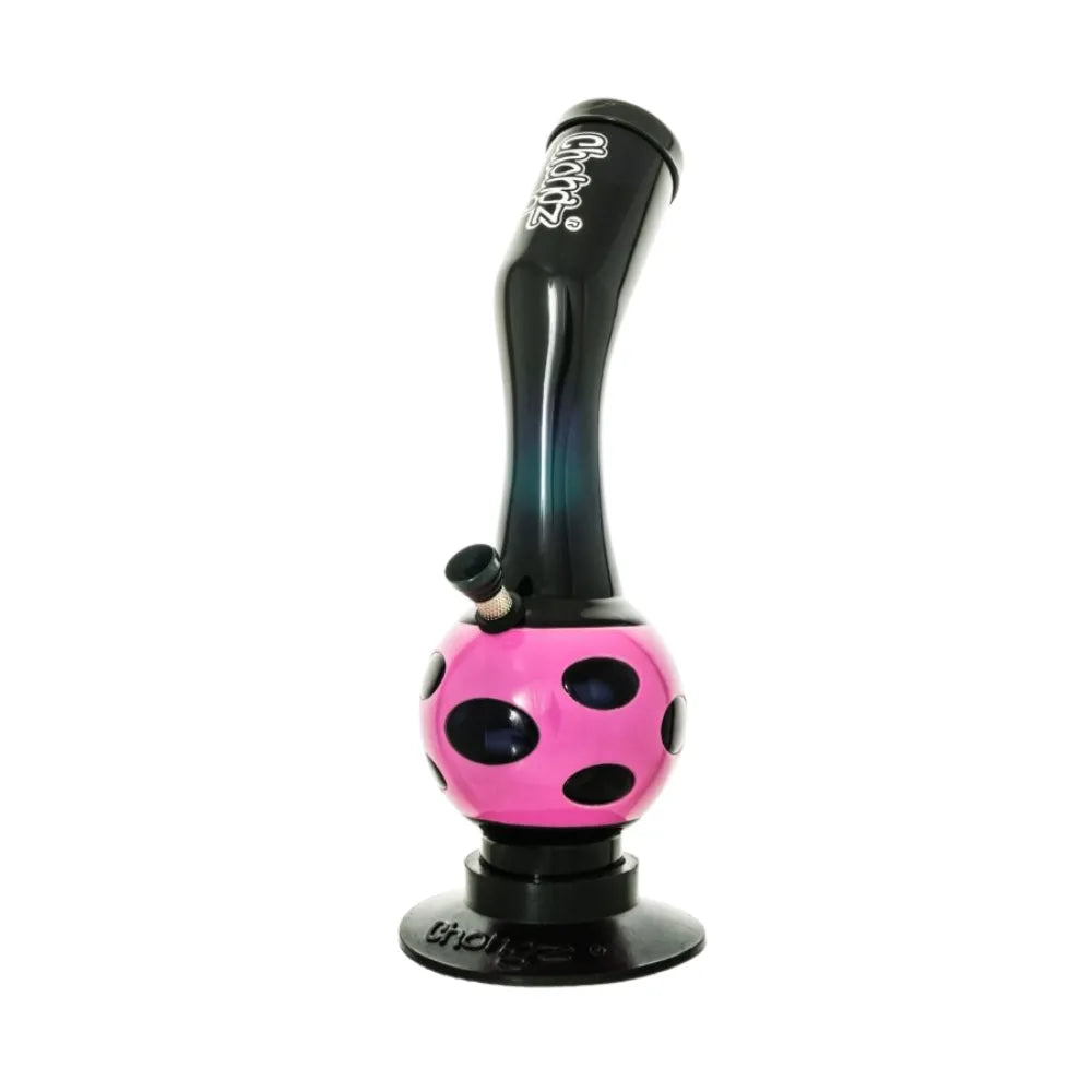 Pink and black glass water pipe with 'Chongz' branding on a white background