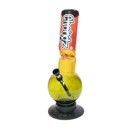 Yellow glass water pipe with black and orange top on a white background