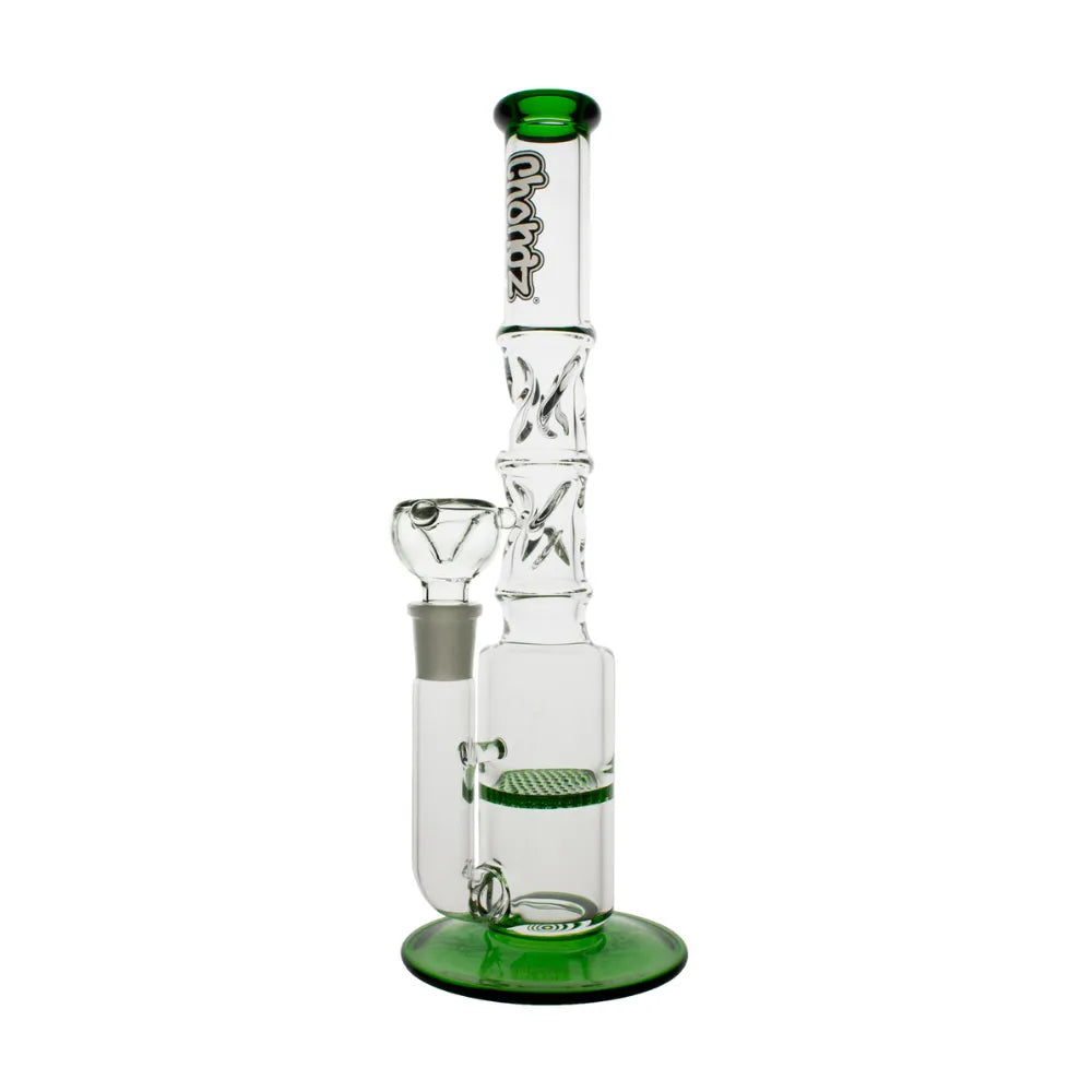 Chongz glass water pipe with green base and top on a white background