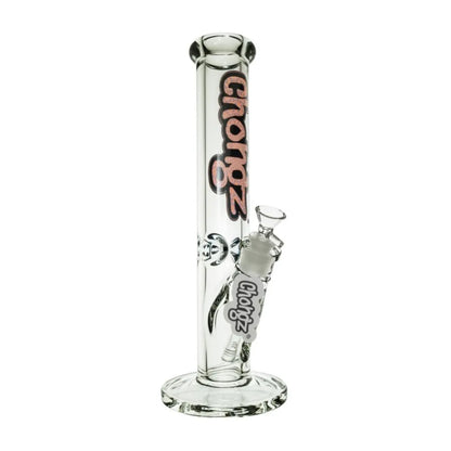 Clear glass water pipe with 'Chongz' branding on a white background